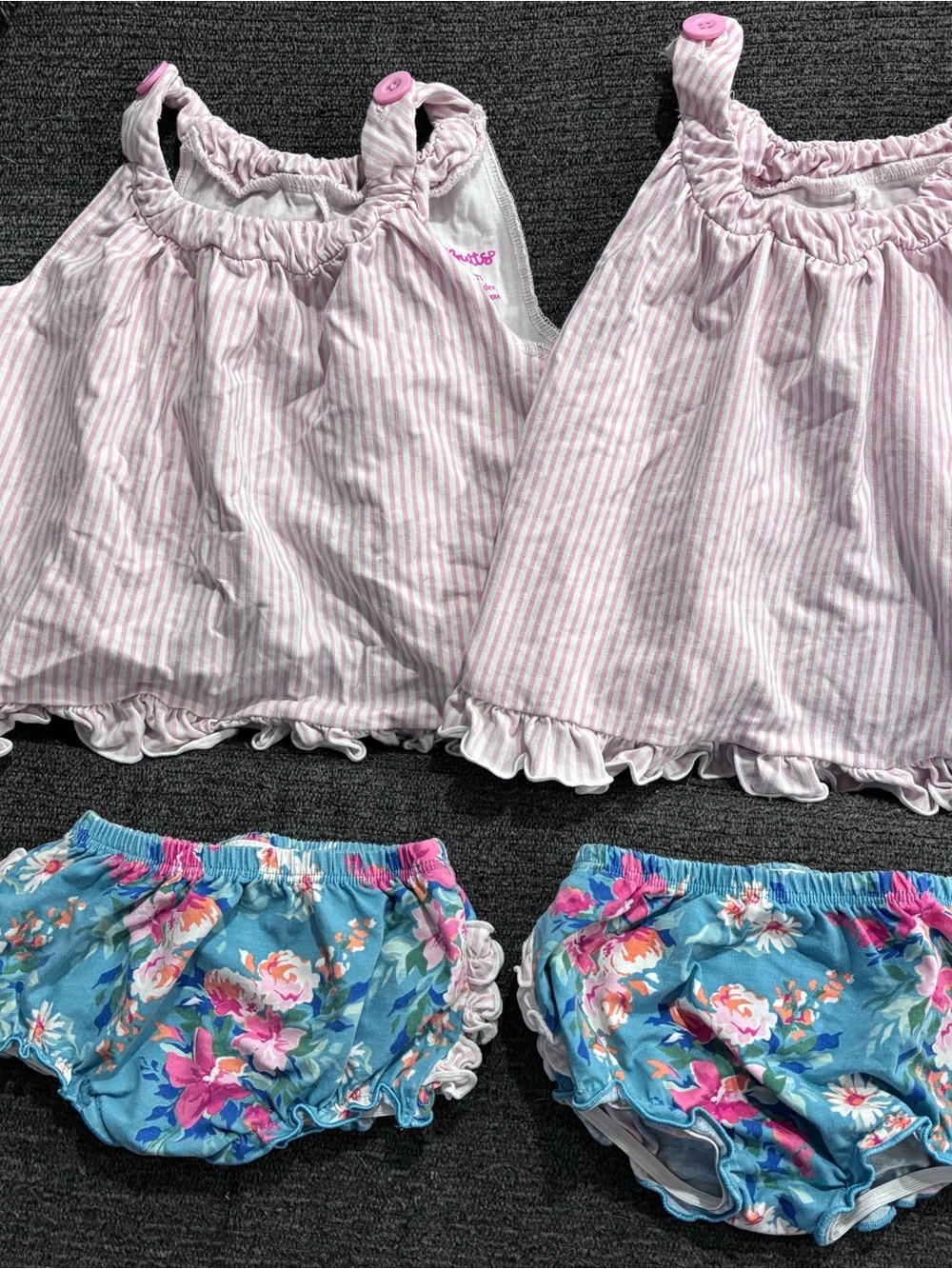Ruffle Butts Pink Striped Tank and Blue Floral Bloomers Set